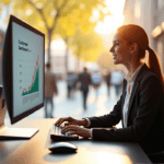 "A young businesswoman sits confidently at a modern desk, gazing at a computer screen displaying positive customer sentiment trends, with AI automation skills evident in her expression."