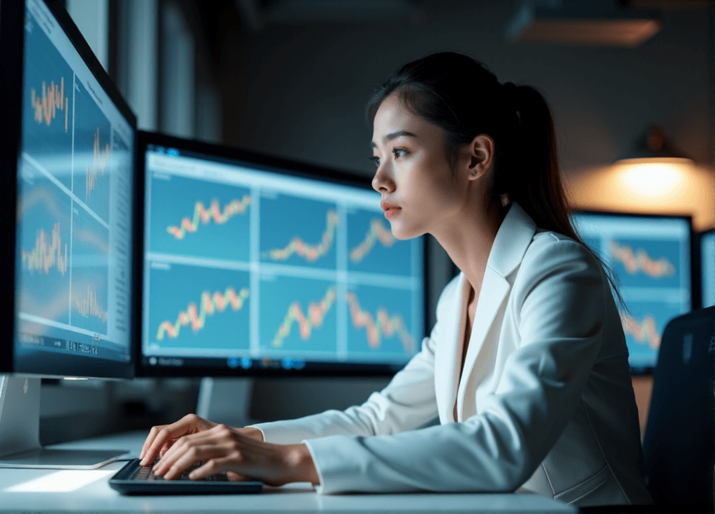 "A young professional intensely analyzes data-driven insights on large screens in a modern office space, highlighting AI automation skills."