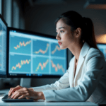 "A young professional intensely analyzes data-driven insights on large screens in a modern office space, highlighting AI automation skills."