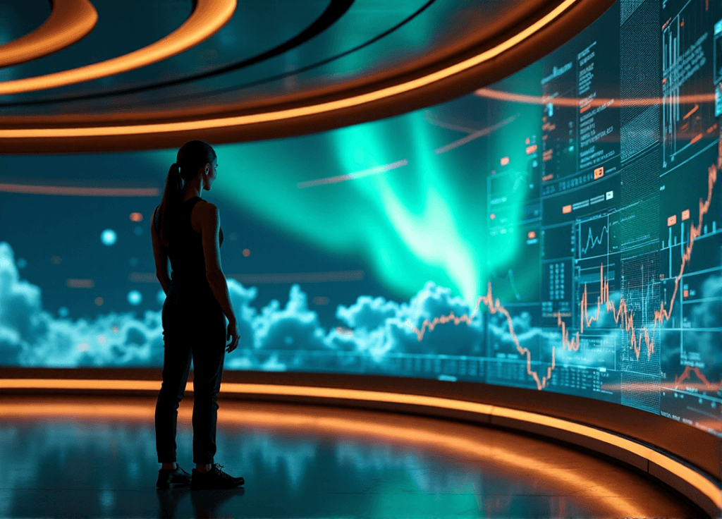 "A futuristic control room with a central figure in a black jumpsuit standing confidently in front of a massive curved screen displaying predictive analytics insights and AI-driven data visualizations."