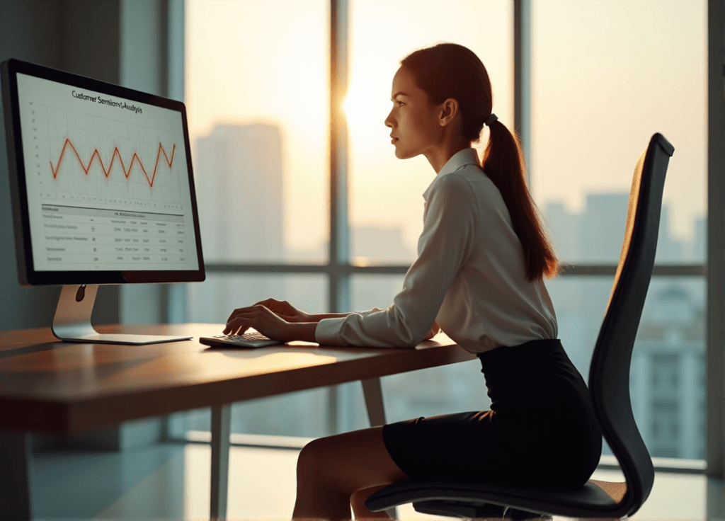 "A young businesswoman sits at a modern desk, analyzing customer sentiment data on her computer screen with furrowed eyebrows, wearing a tailored white blouse and high heels."