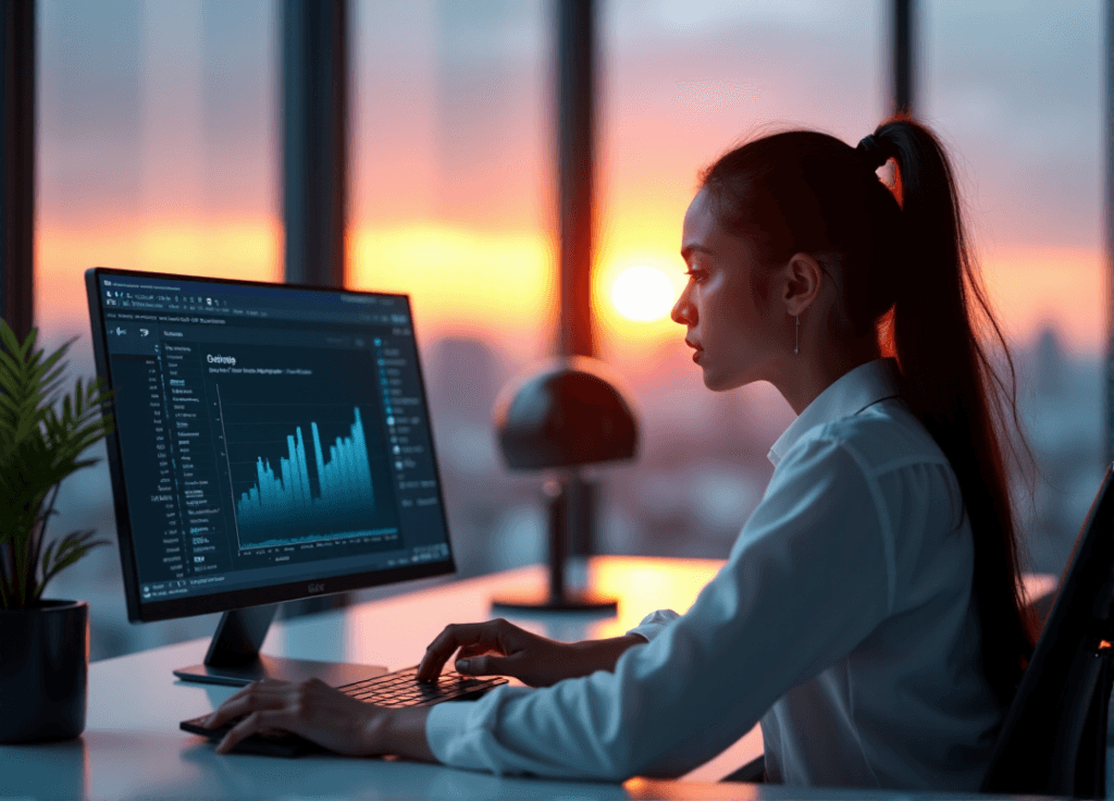 "A young woman sits at a minimalist desk, intensely focused on customer sentiment analysis data displayed on her computer screen, surrounded by AI-powered tools."