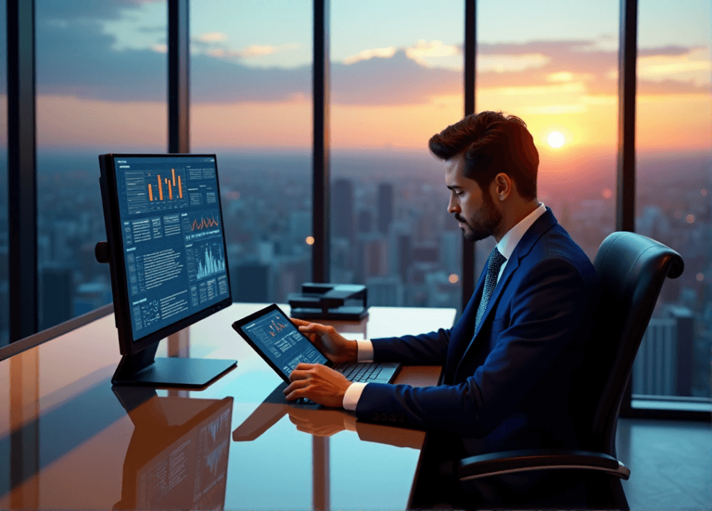"A business executive sits confidently behind a glass-topped desk in a high-tech office with floor-to-ceiling windows overlooking a bustling cityscape at sunset, surrounded by data visualizations and AI-generated market research charts."