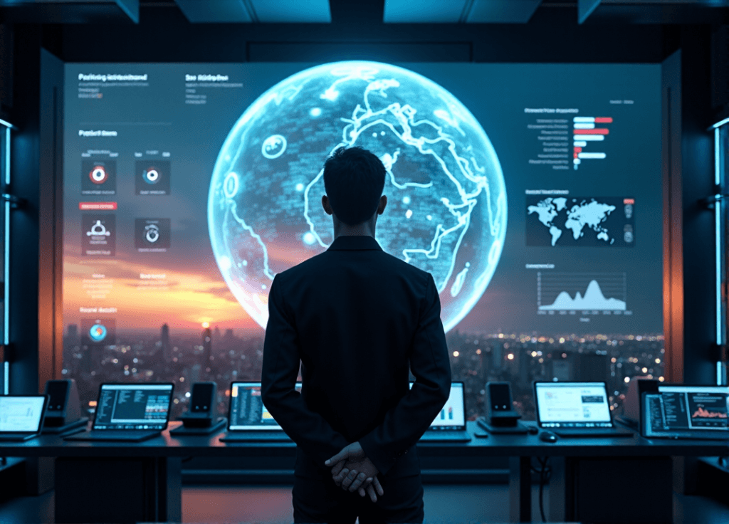 "A futuristic control room with a focused individual analyzing data on a high-resolution 3D globe, surrounded by AI-driven predictive analytics and humming servers."
