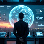 "A futuristic control room with a focused individual analyzing data on a high-resolution 3D globe, surrounded by AI-driven predictive analytics and humming servers."