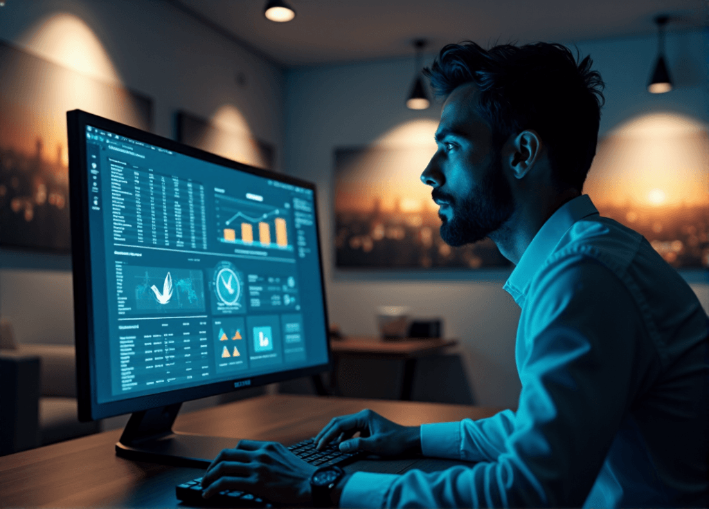 "A business executive analyzes customer data on a high-resolution screen with predictive analytics models, surrounded by urban cityscape prints in a dimly lit office."