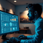 "A business executive analyzes customer data on a high-resolution screen with predictive analytics models, surrounded by urban cityscape prints in a dimly lit office."