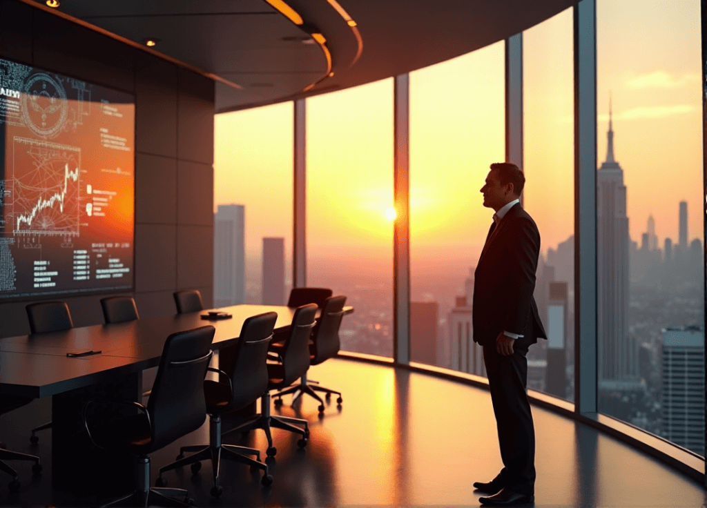 "A high-stakes executive stands confidently in a modern conference room, gazing out at a cityscape bathed in warm golden light, surrounded by data visualizations and market trends on a digital display screen."
