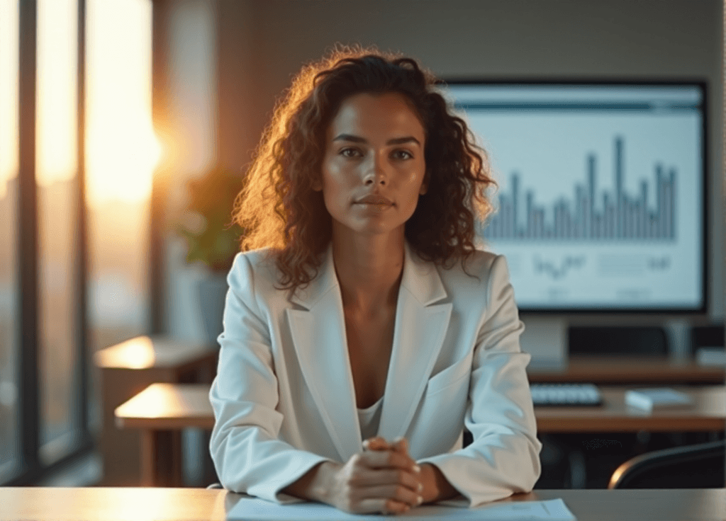 "A young professional analyzes data on a large screen behind her, exuding determination and focus in a modern office space with natural light."