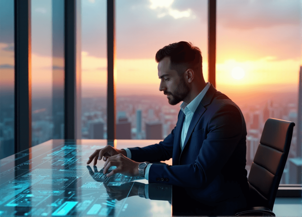 "A business executive sits confidently at a glass desk in a high-tech office with floor-to-ceiling windows overlooking a cityscape at sunset, intensely analyzing data on a curved touchscreen display with AI-driven tools integrated into the desk."