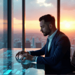 "A business executive sits confidently at a glass desk in a high-tech office with floor-to-ceiling windows overlooking a cityscape at sunset, intensely analyzing data on a curved touchscreen display with AI-driven tools integrated into the desk."