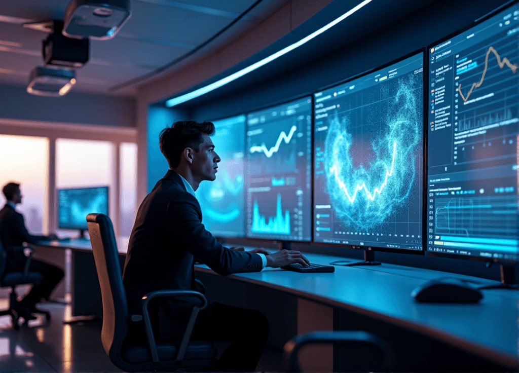 "A data analyst studies market trends on a large curved screen in a high-tech control room with rows of computer workstations, highlighting AI automation skills in action."