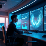"A data analyst studies market trends on a large curved screen in a high-tech control room with rows of computer workstations, highlighting AI automation skills in action."