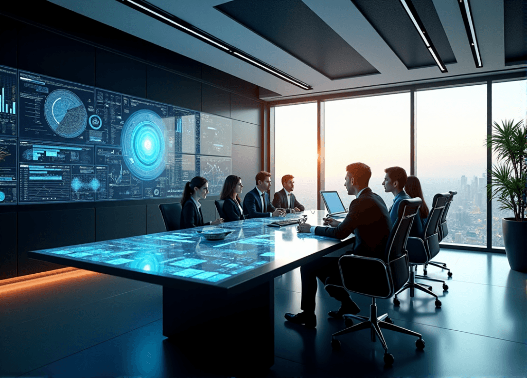 "A modern office space featuring AI-powered computers, data visualizations, and business professionals discussing AI-driven insights, highlighting the importance of AI automation skills in transforming businesses."