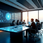 "A modern office space featuring AI-powered computers, data visualizations, and business professionals discussing AI-driven insights, highlighting the importance of AI automation skills in transforming businesses."