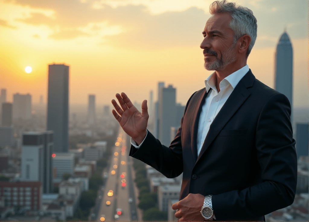 "A middle-aged consultant stands confidently in front of a modern cityscape at sunset, exuding professionalism and determination."