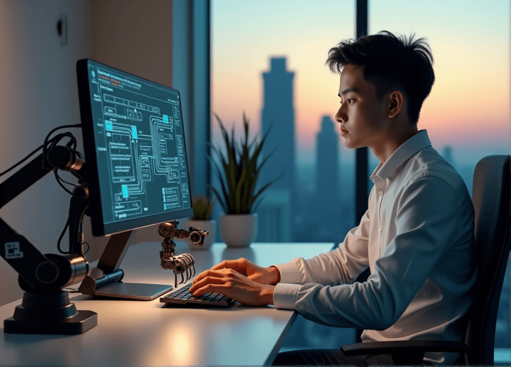 "A young professional sits confidently at a minimalist desk, operating a robotic arm while viewing an AI automation workflow diagram on a large computer monitor."