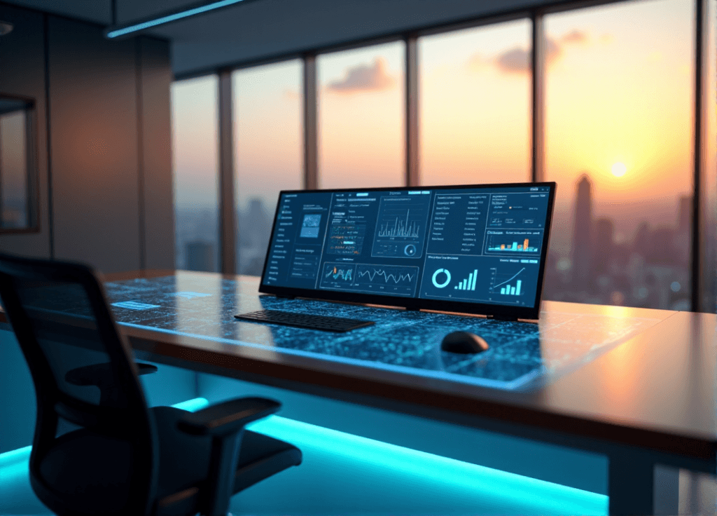 "A modern office space featuring a sleek desk with AI-powered touchscreen display, ergonomic chairs, and a cityscape view at sunset."