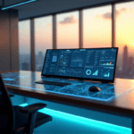 "A modern office space featuring a sleek desk with AI-powered touchscreen display, ergonomic chairs, and a cityscape view at sunset."