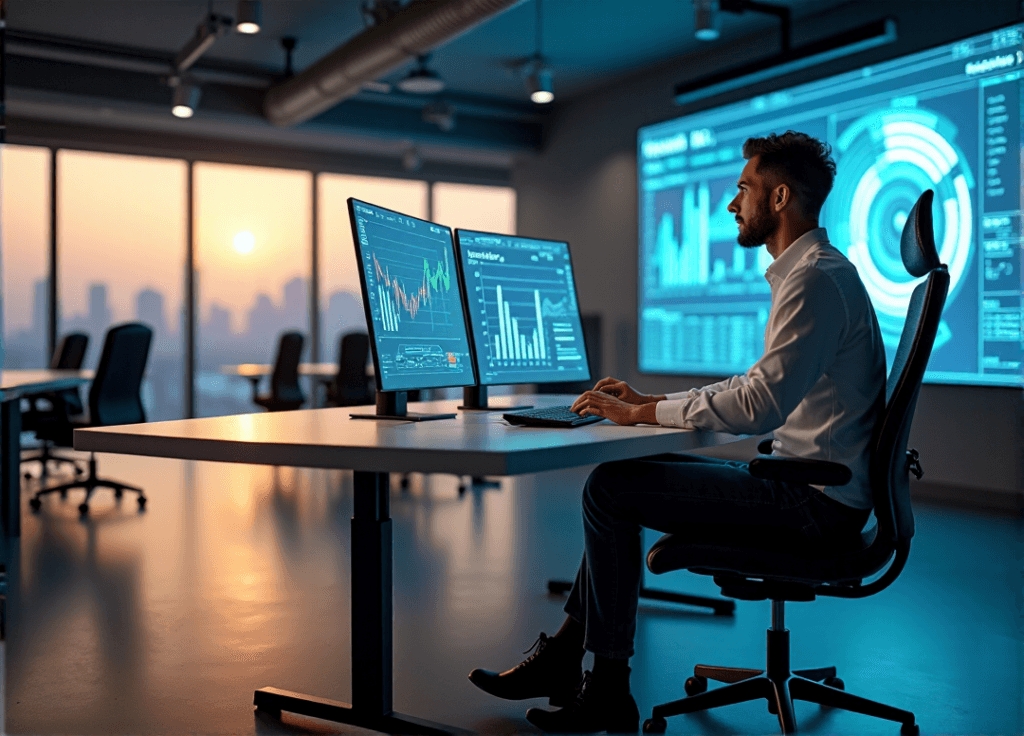 "A data analyst sits at a minimalist desk in a cutting-edge lab, surrounded by screens displaying AI-powered insights and real-time market trends, showcasing their AI automation skills."