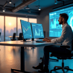 "A data analyst sits at a minimalist desk in a cutting-edge lab, surrounded by screens displaying AI-powered insights and real-time market trends, showcasing their AI automation skills."