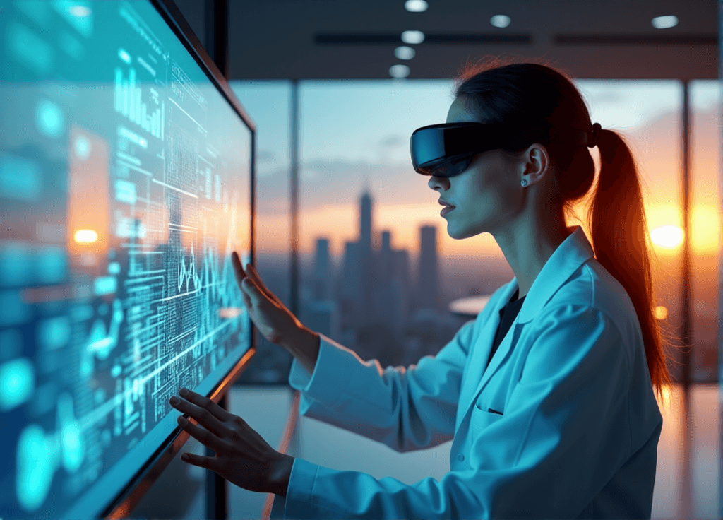 "A young professional in a crisp white lab coat studies AI-driven market research data on a large curved screen displaying a 3D cityscape."