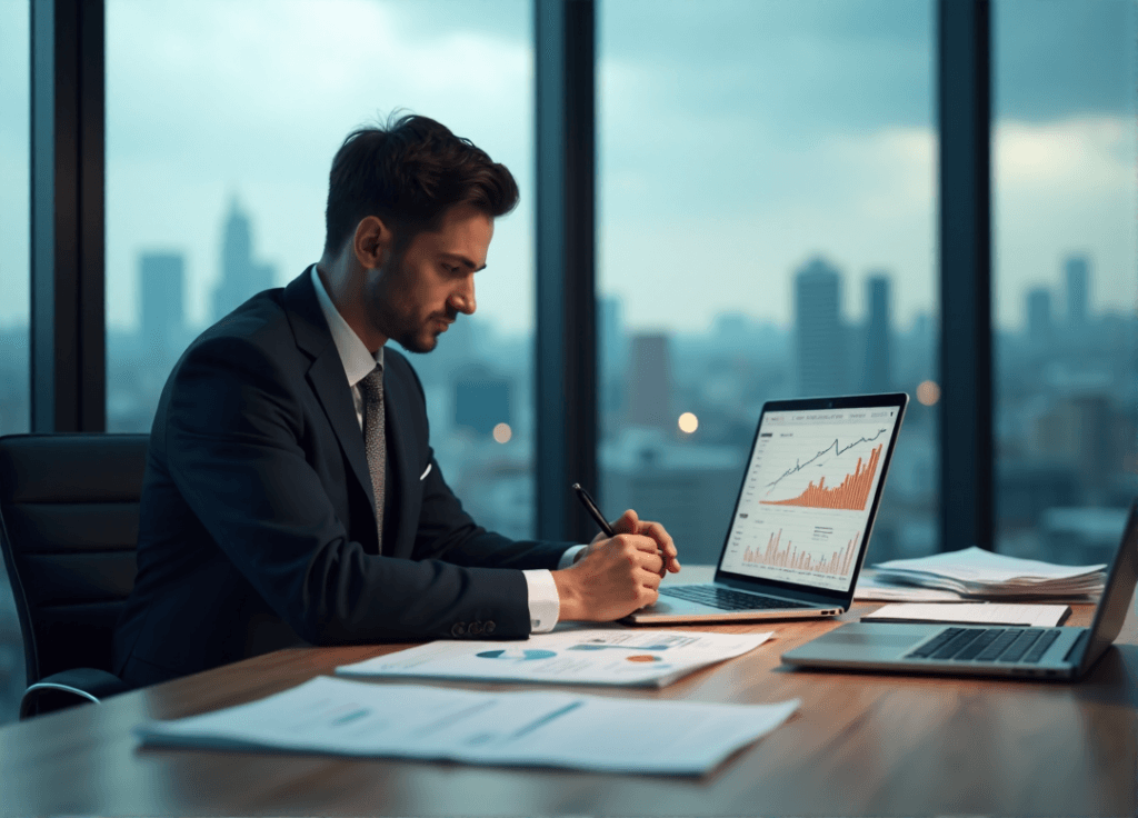 "A business professional sits at a wooden desk, intensely analyzing market data on a laptop, surrounded by research reports and financial charts in a modern office with a cityscape view."