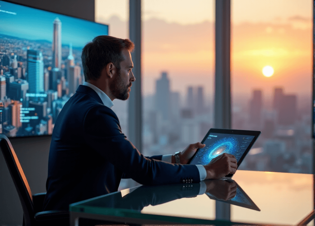 "A business executive sits confidently at a glass desk in a high-tech office with floor-to-ceiling windows showcasing a cityscape at sunset, interacting with an AI-driven analytics visualization on a curved touchscreen display."