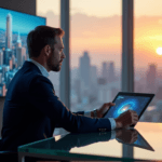 "A business executive sits confidently at a glass desk in a high-tech office with floor-to-ceiling windows showcasing a cityscape at sunset, interacting with an AI-driven analytics visualization on a curved touchscreen display."
