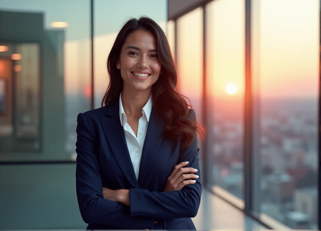 "A young businesswoman stands confidently in front of a glass wall with a cityscape view, representing customer sentiment insights driving growth, dressed in a tailored navy blue suit, with a warm smile."