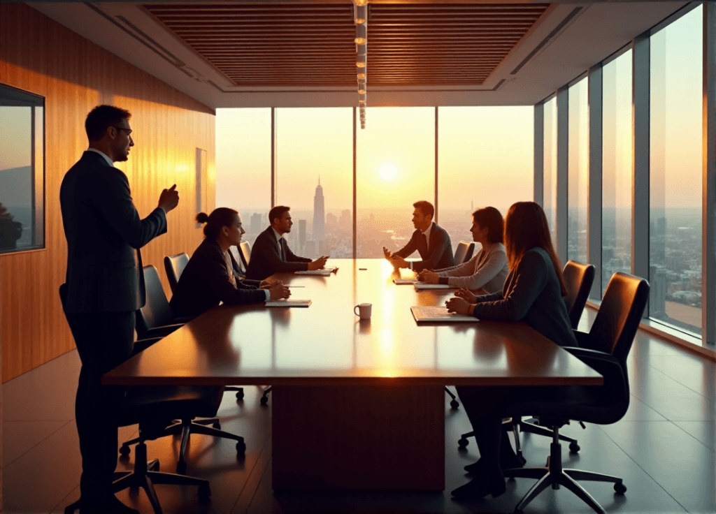 "A diverse team collaborates around a sleek conference table, leveraging AI-powered tools to drive business transformation with AI automation skills."