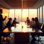 "A diverse team collaborates around a sleek conference table, leveraging AI-powered tools to drive business transformation with AI automation skills."
