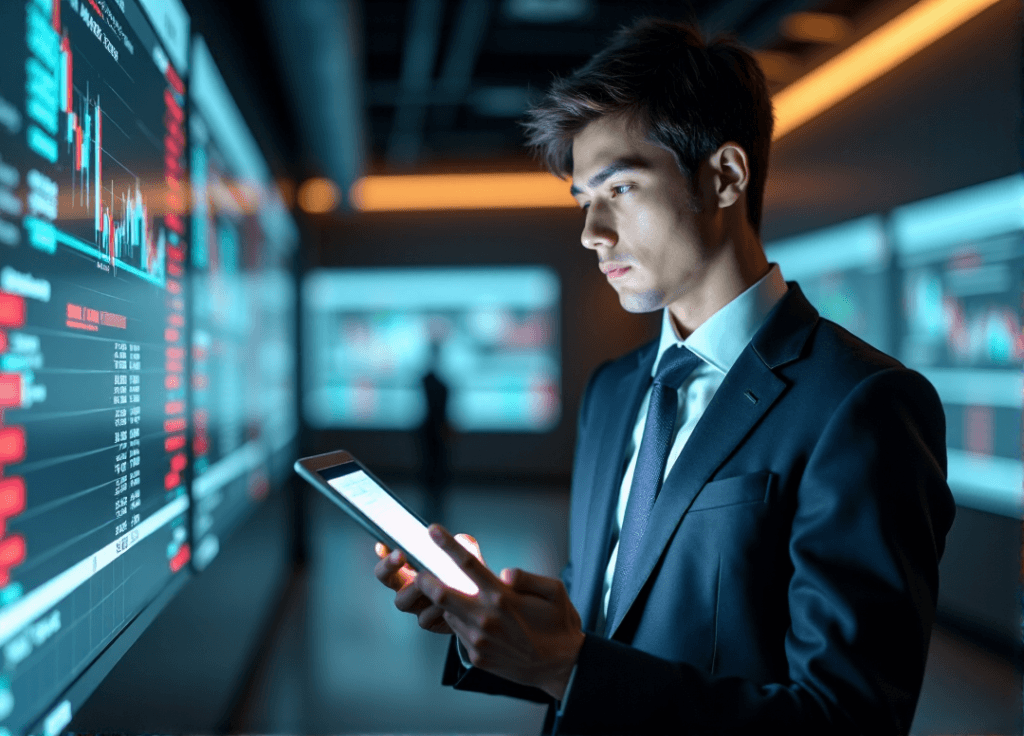 "A young professional stands confidently in front of a trading floor backdrop, intensely focused on market data with AI automation skills at their fingertips."