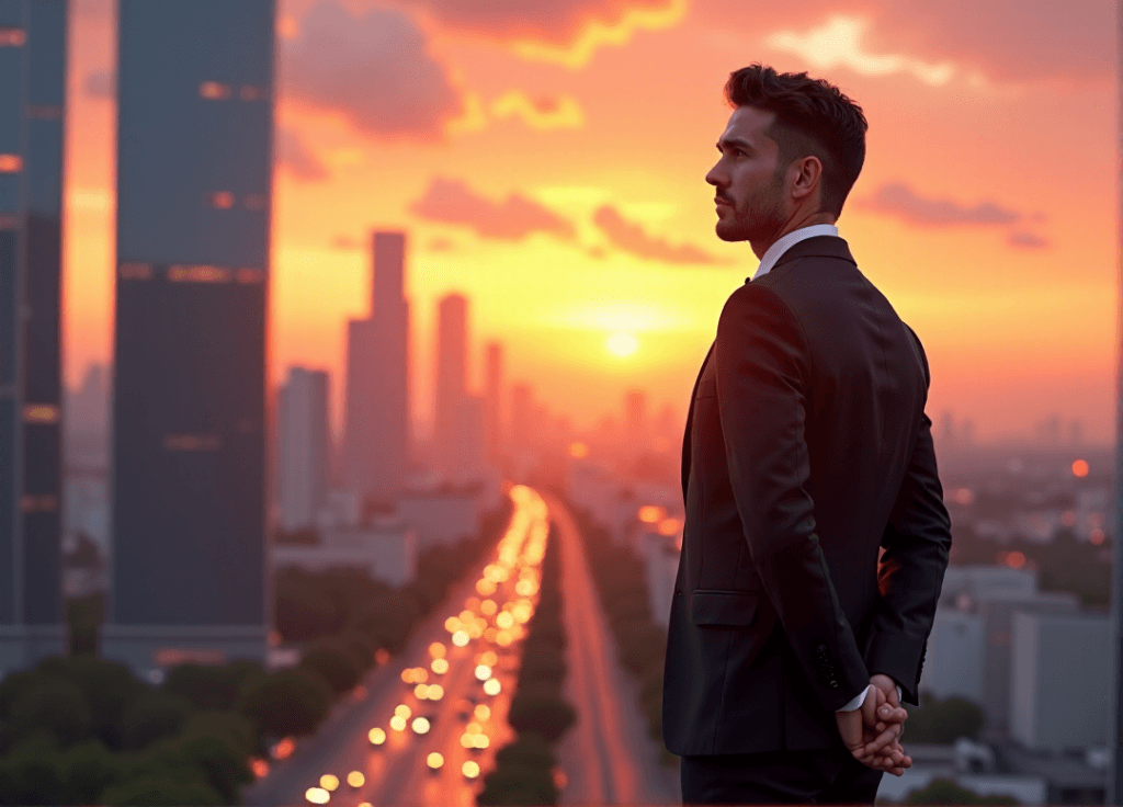 "A confident business executive stands in front of a sleek skyscraper at sunset, with a cityscape behind them, conveying forward-thinking and success amidst AI automation skills development."