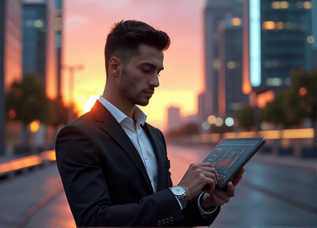 "A young professional stands confidently in front of a futuristic cityscape at sunset, analyzing AI trend analysis on their tablet with determination."