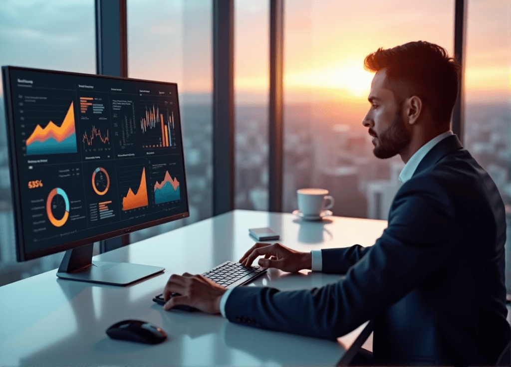 "A business executive sits at a modern desk, intensely focused on a data visualization dashboard from predictive analytics software, showcasing key performance indicators for strategic growth."
