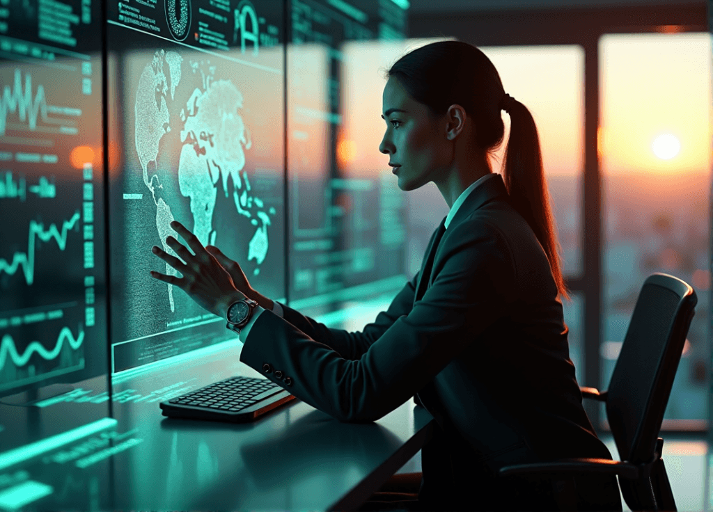 "A futuristic data analyst sits at a high-tech workstation, interacting with AI-powered forecasting models on a holographic interface amidst real-time global trend displays."