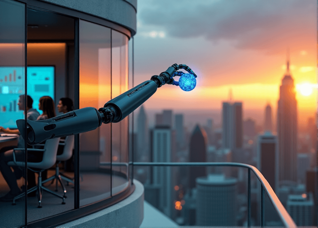 "A futuristic robotic arm emerges from a conference room, grasping an AI-driven innovation orb amidst a cityscape at sunset, symbolizing business transformation through AI automation skills."