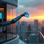 "A futuristic robotic arm emerges from a conference room, grasping an AI-driven innovation orb amidst a cityscape at sunset, symbolizing business transformation through AI automation skills."