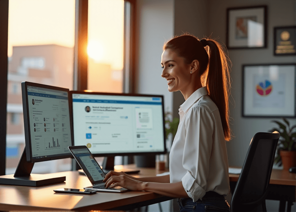 "A young woman sits at a wooden desk, surrounded by screens displaying customer feedback and sentiment analysis data, with a satisfied expression."