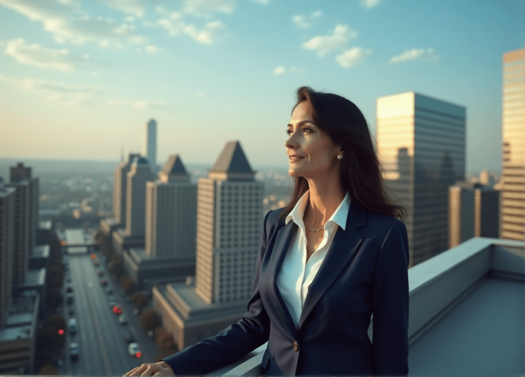 "A middle-aged business executive stands confidently on a rooftop, gazing out at a cityscape with skyscrapers, contemplating future possibilities with AI-driven insights and automation skills."