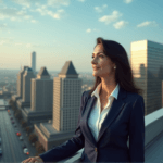 "A middle-aged business executive stands confidently on a rooftop, gazing out at a cityscape with skyscrapers, contemplating future possibilities with AI-driven insights and automation skills."