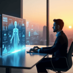 "A business executive sits confidently at a modern desk, surrounded by AI-powered data analytics and a breathtaking cityscape view."