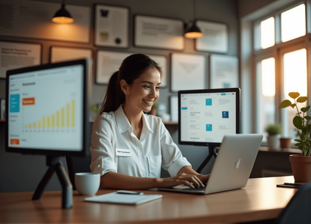 "A Customer Experience Manager reviews customer feedback on multiple screens in a modern office, surrounded by testimonials and awards."