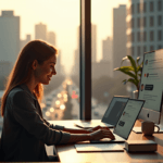 "A young woman sits at a wooden desk, surrounded by screens displaying customer feedback, with a warm smile as she reads positive comments and ratings."
