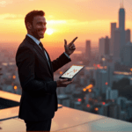 "A confident business executive stands on a rooftop overlooking a modern cityscape at sunset, holding a tablet displaying rising stock prices."