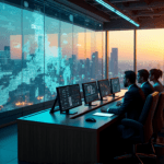 "A futuristic control room with a diverse team collaborating around a central console, utilizing AI automation skills to analyze data on a vibrant cityscape displayed as a 3D holographic map."