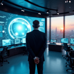 "A high-tech control room with a professional standing confidently in front of a large curved screen displaying interconnected data streams and AI-generated insights."