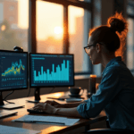 "Skilled market researcher intensely studying data-driven reports and complex graphs in a dimly lit office with soft golden hour light."