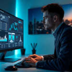 "A business executive analyzes market trends on a high-resolution computer screen with AI-powered data analytics, showcasing their AI automation skills in a dimly lit office."
